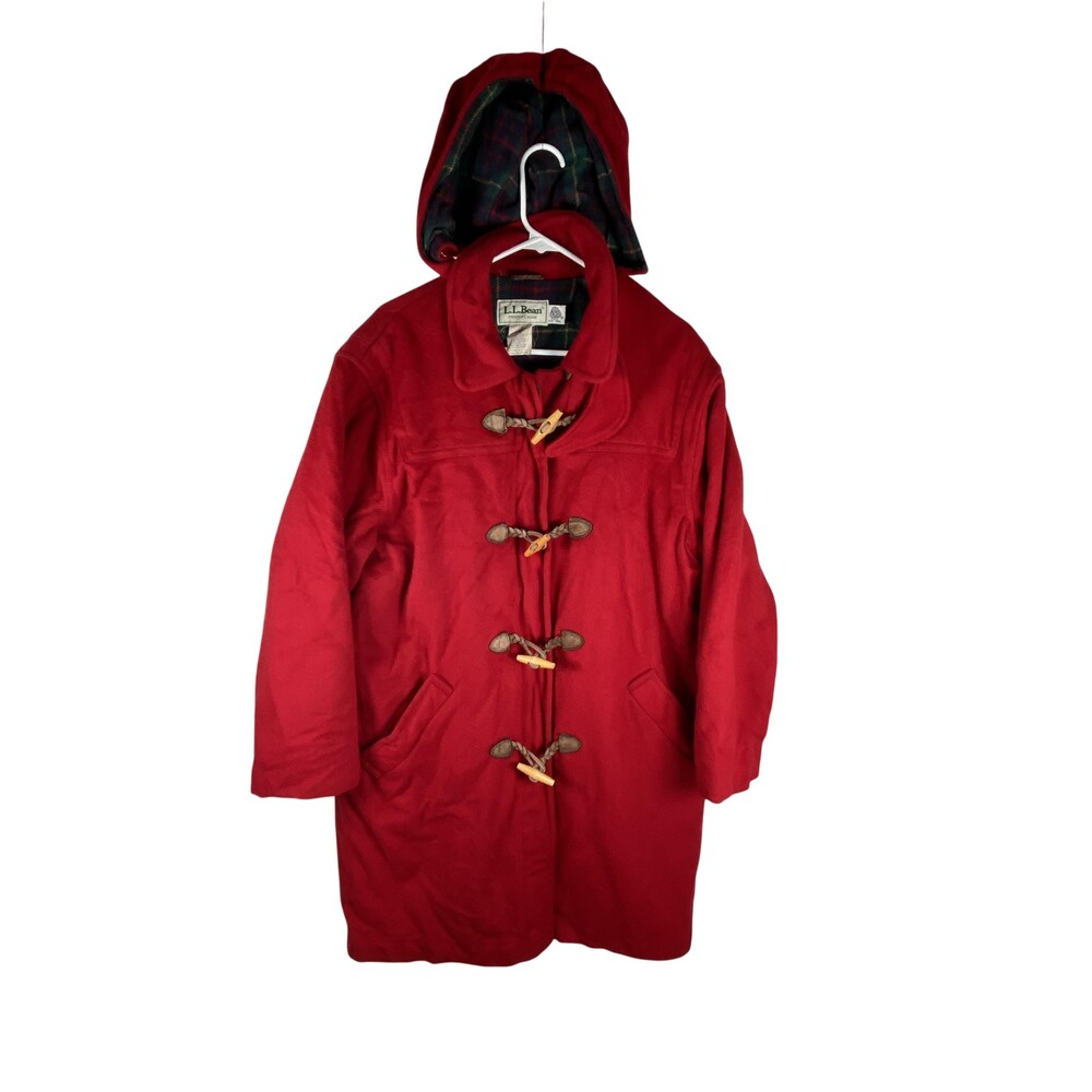 Vintage L.L.Bean Coat Womens 16 Red Wool Toggle Duffle Hooded USA Lined Plaid